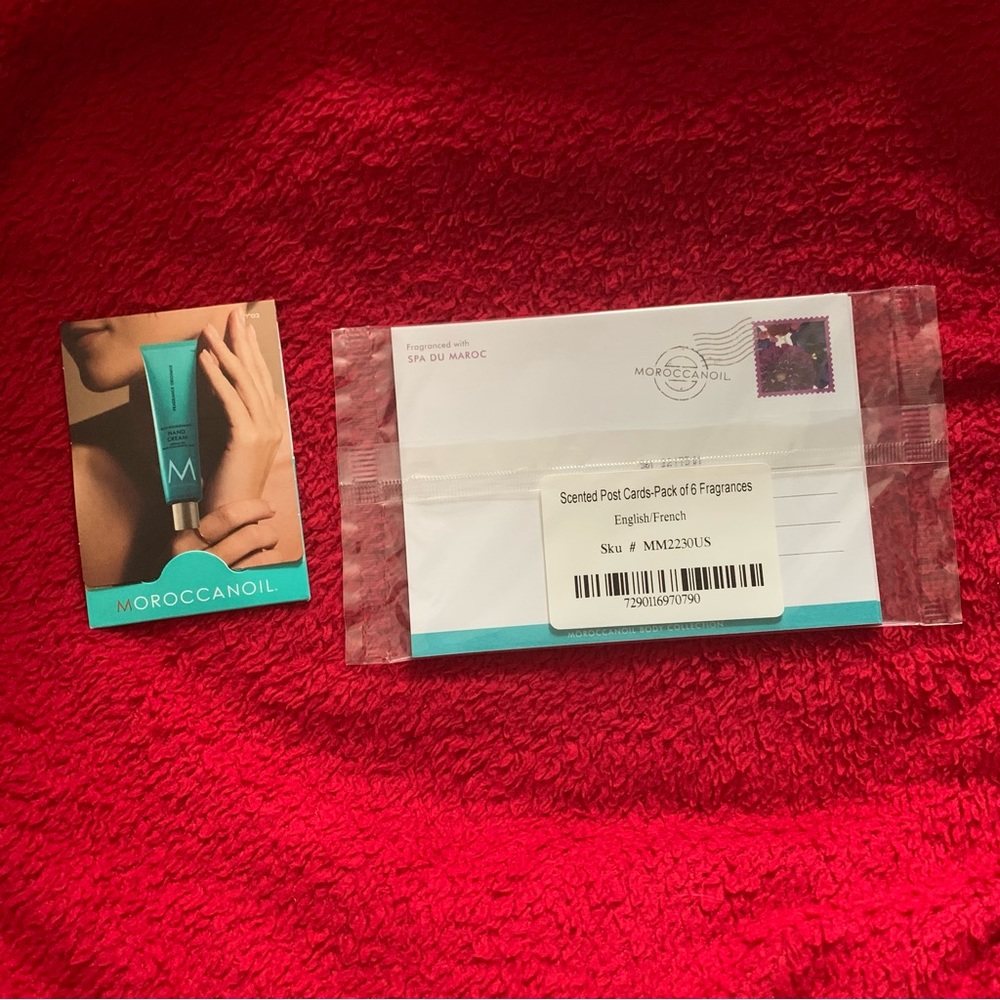 Moroccan oil hand cream sample scented postcard set